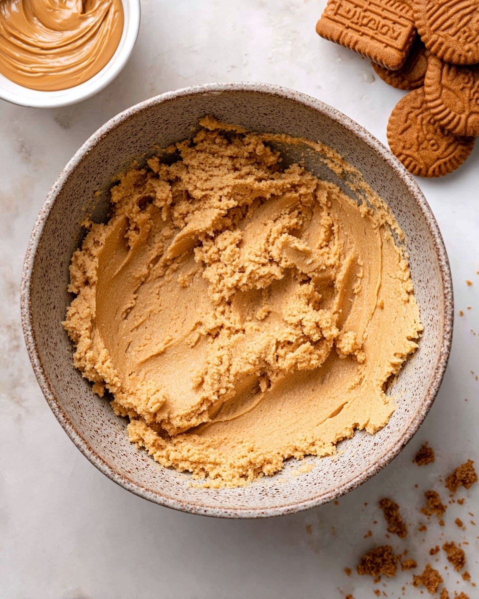 A close-up of a large speckled bowl filled with light brown, creamy cookie dough with a rough texture, spread mostly flat inside the bowl. At the top left corner, a white bowl shows a smooth layer of light brown peanut butter with swirls on the surface. On the right side, several whole brown Lotus biscuits rest on a white marbled surface with scattered crumbs around them. photo taken with an iphone --ar 4:5 --v 7
