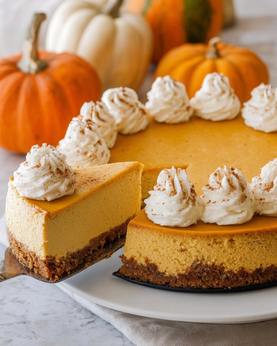The image shows a two-layer pumpkin cheesecake on a white plate with a crumbly brown crust at the bottom and a smooth orange pumpkin layer on top. The cheesecake is decorated with evenly spaced white swirls of whipped cream dusted lightly with cinnamon along the edge. A slice of the cheesecake is being lifted, revealing the texture and layers clearly. In the background, there are various pumpkins on a white marbled surface, adding an autumn feel. Photo taken with an iphone --ar 4:5 --v 7