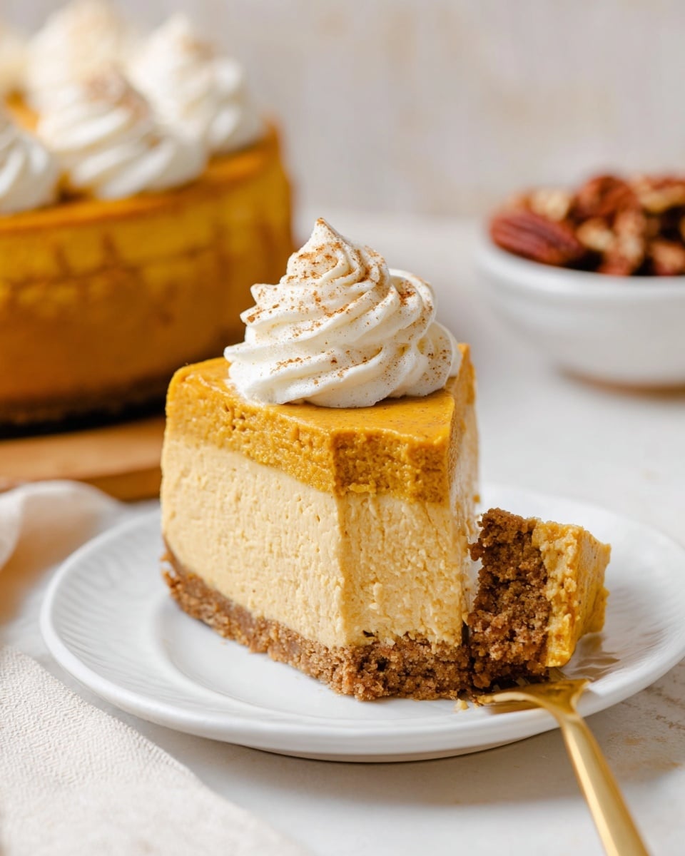 The image shows a thick slice of pumpkin cheesecake with three layers: a dense light brown crumbly crust at the bottom, a smooth orange pumpkin cheesecake middle layer, and a fluffy white whipped cream swirl with light brown spice sprinkles on top. The cheesecake slice is placed on a white plate with a piece broken off in front and a gold fork resting beside it. In the background, an out-of-focus whole cheesecake on a plate and a white bowl with pecans sit on a white marbled surface. Photo taken with an iphone --ar 4:5 --v 7
