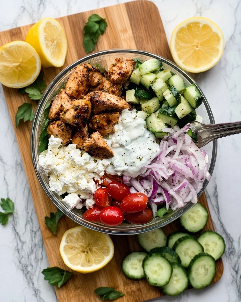 The image shows a white bowl filled with four main layers inside. On the top left are grilled chicken pieces with a brown, slightly crispy texture. On the top right, there are small green cucumber cubes. On the bottom left, there are white crumbled cheese pieces with a soft texture. On the bottom right, there are red cherry tomato slices and small purple onion pieces mixed together. A dollop of white sauce or yogurt sits in the center, partially covering some chicken and cucumber. The bowl is placed on a wooden board with cucumber slices and lemon wedges around it, all set on a white marbled surface. A woman's hand is holding a fork on the side. Photo taken with an iphone --ar 4:5 --v 7