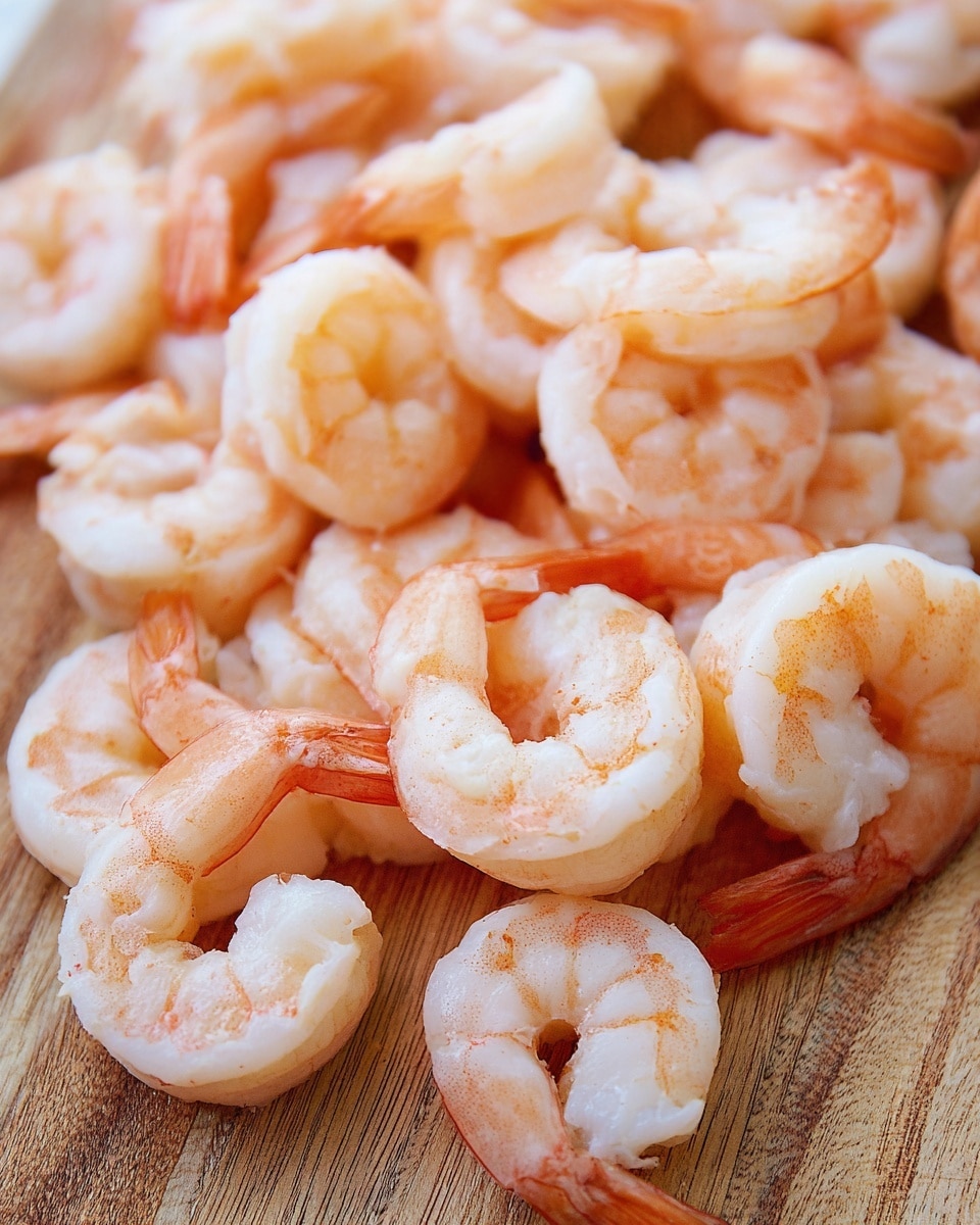 A close-up view of many cooked shrimp spread out on a wooden surface, showing their smooth, pale pink and white bodies with slight orange accents on the edges and tails. The shrimp are layered over each other, some curled in a crescent shape and others more straight. Their shells create a slight shine, highlighting the texture of the shrimp. The background shows the grainy texture of the wood underneath, softened by the light. photo taken with an iphone --ar 4:5 --v 7