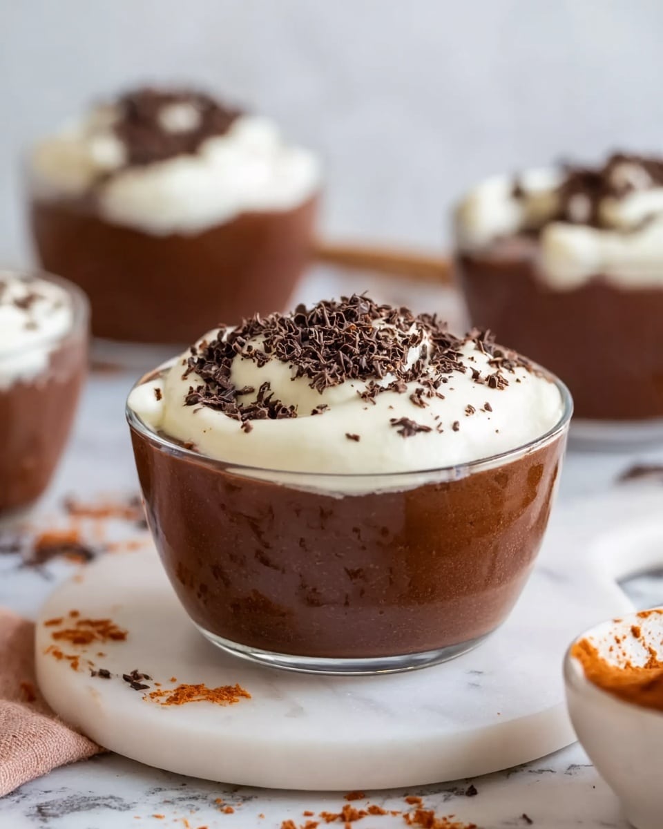 The image shows small clear glass cups filled with a smooth, dark brown dessert, topped with a thick, creamy white layer. On top of the white layer, there are small dark brown flakes scattered evenly. The cups sit on a white marbled surface, with some additional flakes scattered around the base of the cups. The background is softly blurred, highlighting the cups in the foreground. photo taken with an iphone --ar 4:5 --v 7