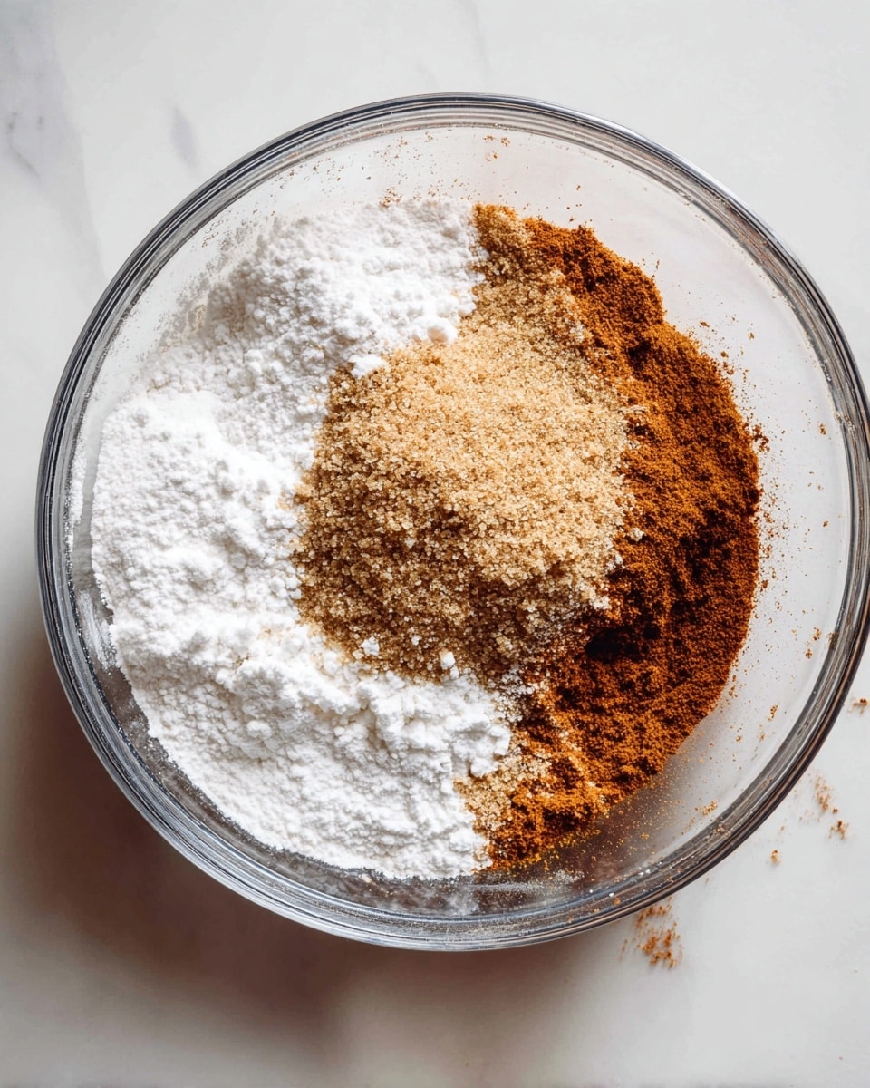A clear glass bowl sits on a white marbled surface, filled with three layers of dry ingredients. The bottom layer is a fine white powder that covers most of the bowl's base. Resting on top, centered, is a medium pile of light brown granules with a slightly coarse texture. Surrounding this is a ring of fine reddish-brown powder, scattered unevenly towards one side, creating a warm contrast against the white. Photo taken with an iphone --ar 4:5 --v 7