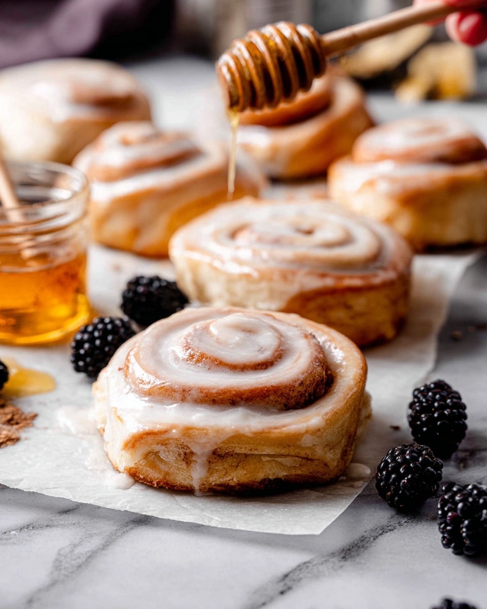 The image shows several cinnamon rolls with a shiny, light cream-colored icing on top. Each roll has one spiral layer visible, with the dough looking soft and golden brown. The rolls are placed on white parchment paper on a white marbled surface. There are fresh blackberries scattered around the rolls and a jar of honey with a wooden honey dipper resting near the center. A woman's hand holding a honey dipper is slightly visible at the top of the image. The background is softly blurred, keeping the focus on the cinnamon rolls. Photo taken with an iphone --ar 4:5 --v 7