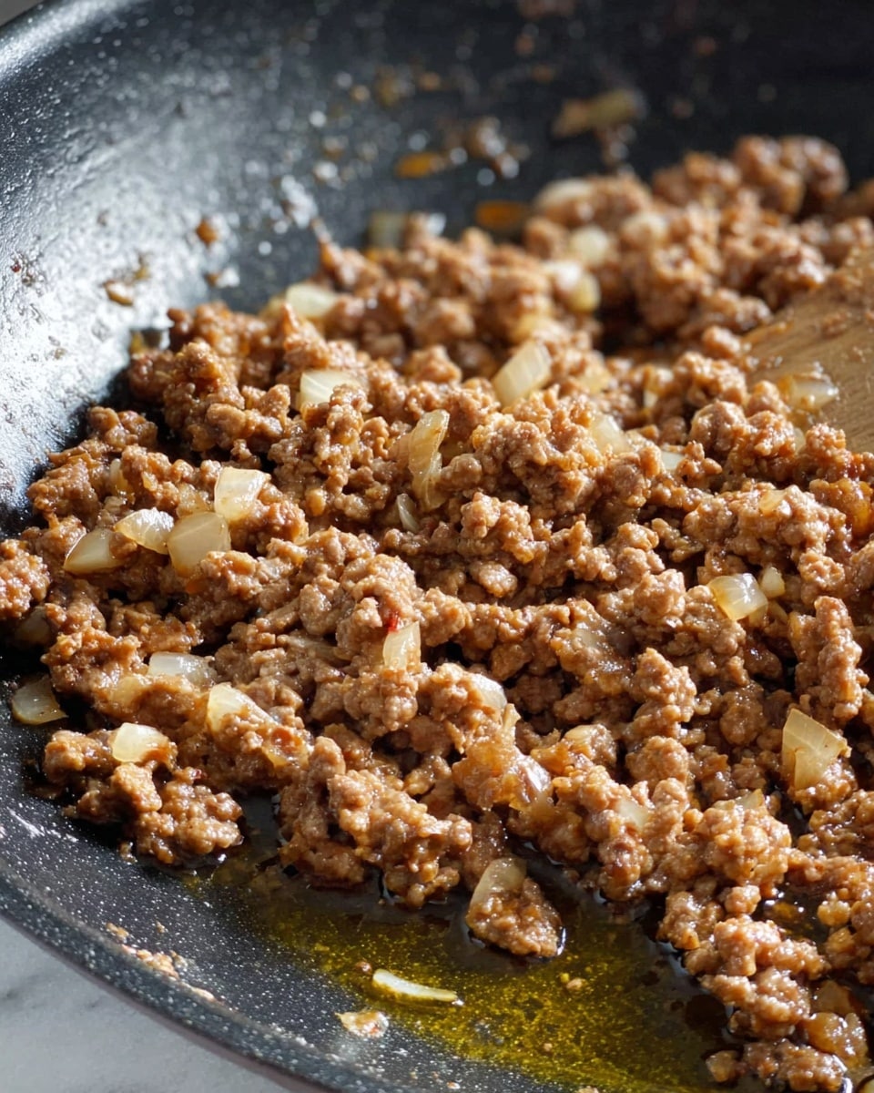 A close-up of cooked ground meat mixed with small bits of translucent cooked onions in a black skillet, showing a glossy layer of oil around the edges, the meat is brown and crumbly with uneven small chunks spread evenly in the pan, all on a white marbled surface. photo taken with an iphone --ar 4:5 --v 7