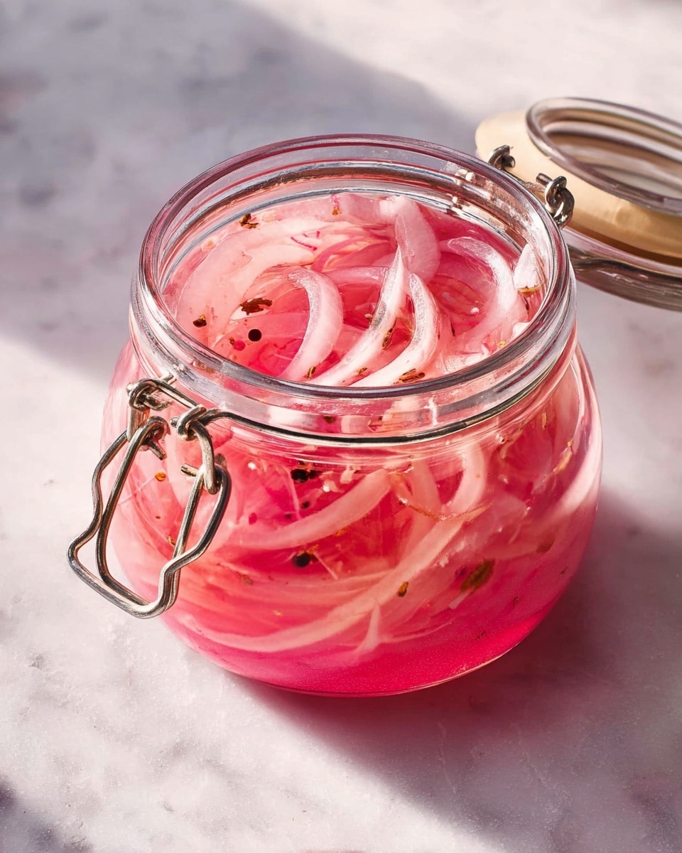 A clear glass jar with a metal clasp holds thin, long slices of pinkish-white pickled onions submerged in bright pink liquid with small black seasoning bits scattered around. The jar is open and set on a white marbled surface with soft natural light casting gentle shadows. photo taken with an iphone --ar 4:5 --v 7