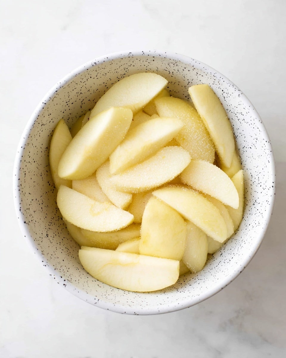 A white bowl with small black speckles is filled with pale yellow apple slices. The slices are raw and arranged loosely in the bowl, some with a sprinkling of granulated sugar on top. The apple slices have a smooth texture and are evenly cut, filling the bowl well. The bowl sits on a white marbled surface, giving a clean and bright look. photo taken with an iphone --ar 4:5 --v 7