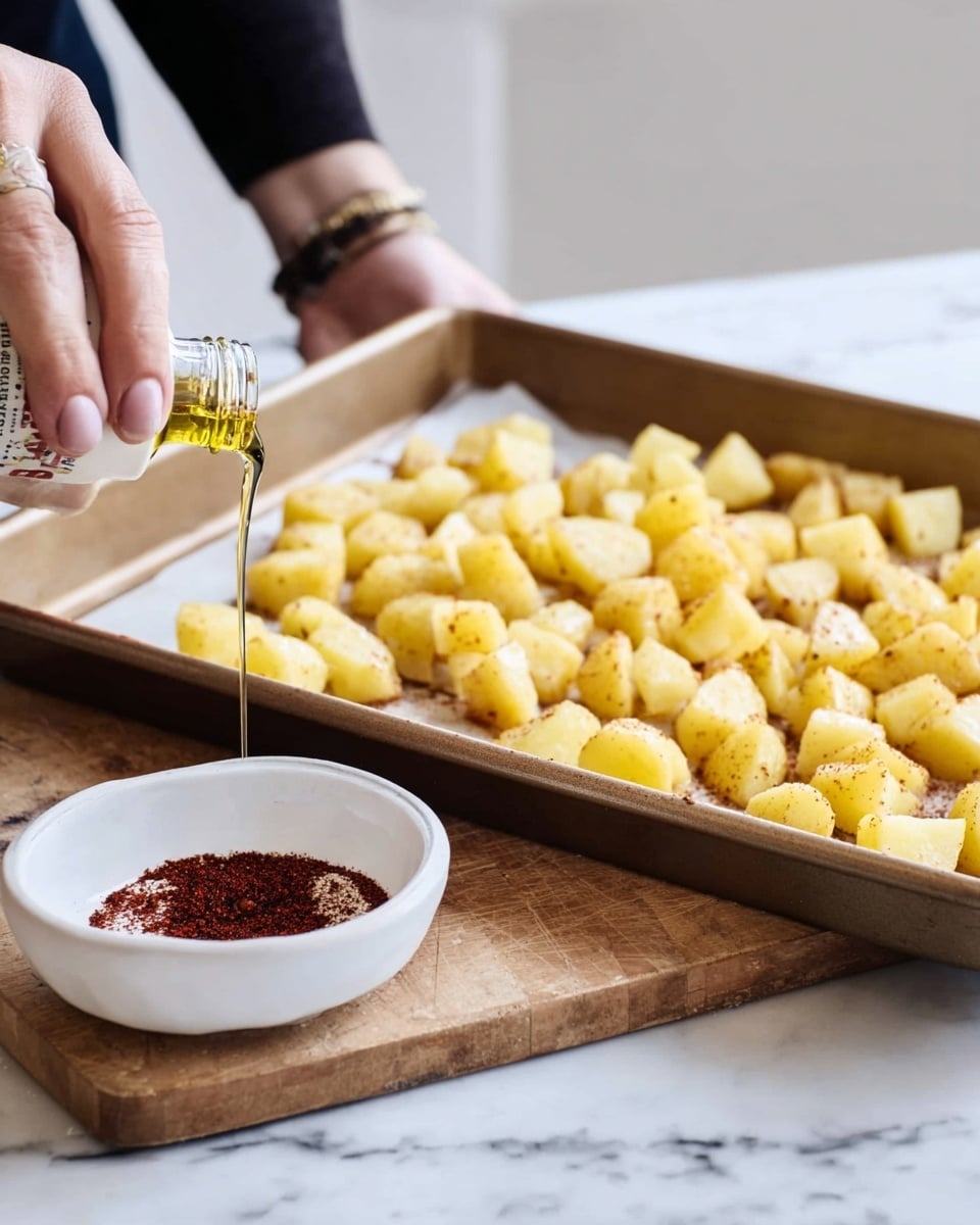 A baking tray filled with many small, light yellow potato pieces, scattered evenly. A woman's hand is pouring oil over the potato pieces from a small bottle, while another woman's hand is holding the tray on the side. In front of the tray is a white bowl with dark red spice inside, placed on a light wooden board. The background consists of a white marbled surface. photo taken with an iphone --ar 4:5 --v 7