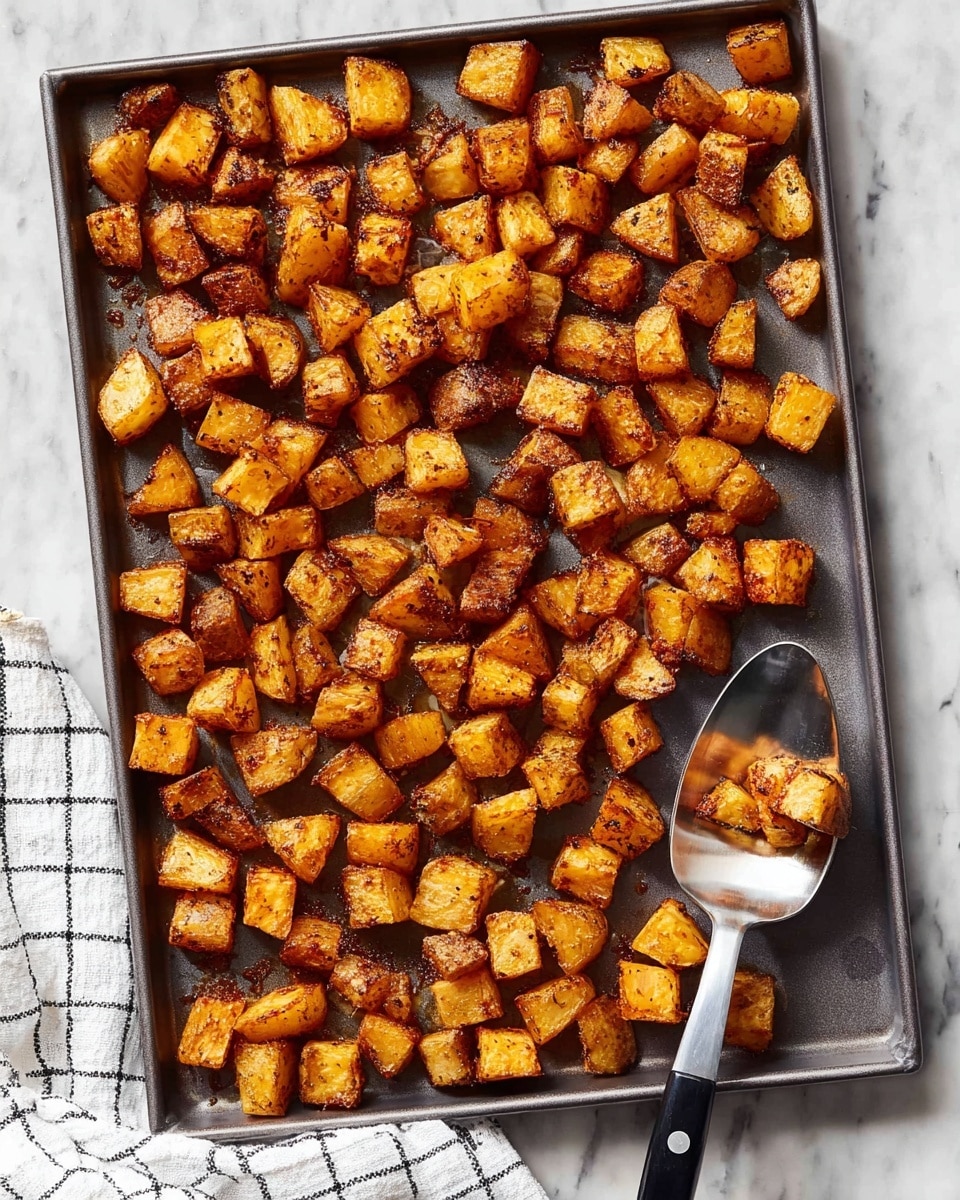 A large baking tray filled with many small, evenly cut golden-brown potato cubes, some with crispy edges and darker spots, giving a textured and roasted look; a large silver spoon with a black handle is holding a few potato cubes near the bottom right of the tray. The tray is placed on a white marbled surface with a white and black checkered cloth partially visible at the bottom left. The overall colors range from orange to dark brown, indicating well-cooked seasoned potatoes, photo taken with an iphone --ar 4:5 --v 7
