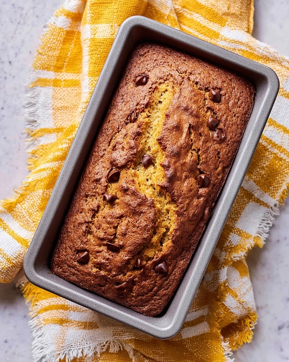 A rectangular gray baking pan holding a freshly baked loaf of bread with a rough, cracked top layer that is golden brown with darker brown spots. Scattered on the surface are multiple round chocolate chip pieces embedded in the loaf, some slightly melted. The pan rests on a yellow and white checkered cloth with frayed edges, which is placed on a white marbled textured surface. Photo taken with an iphone --ar 4:5 --v 7