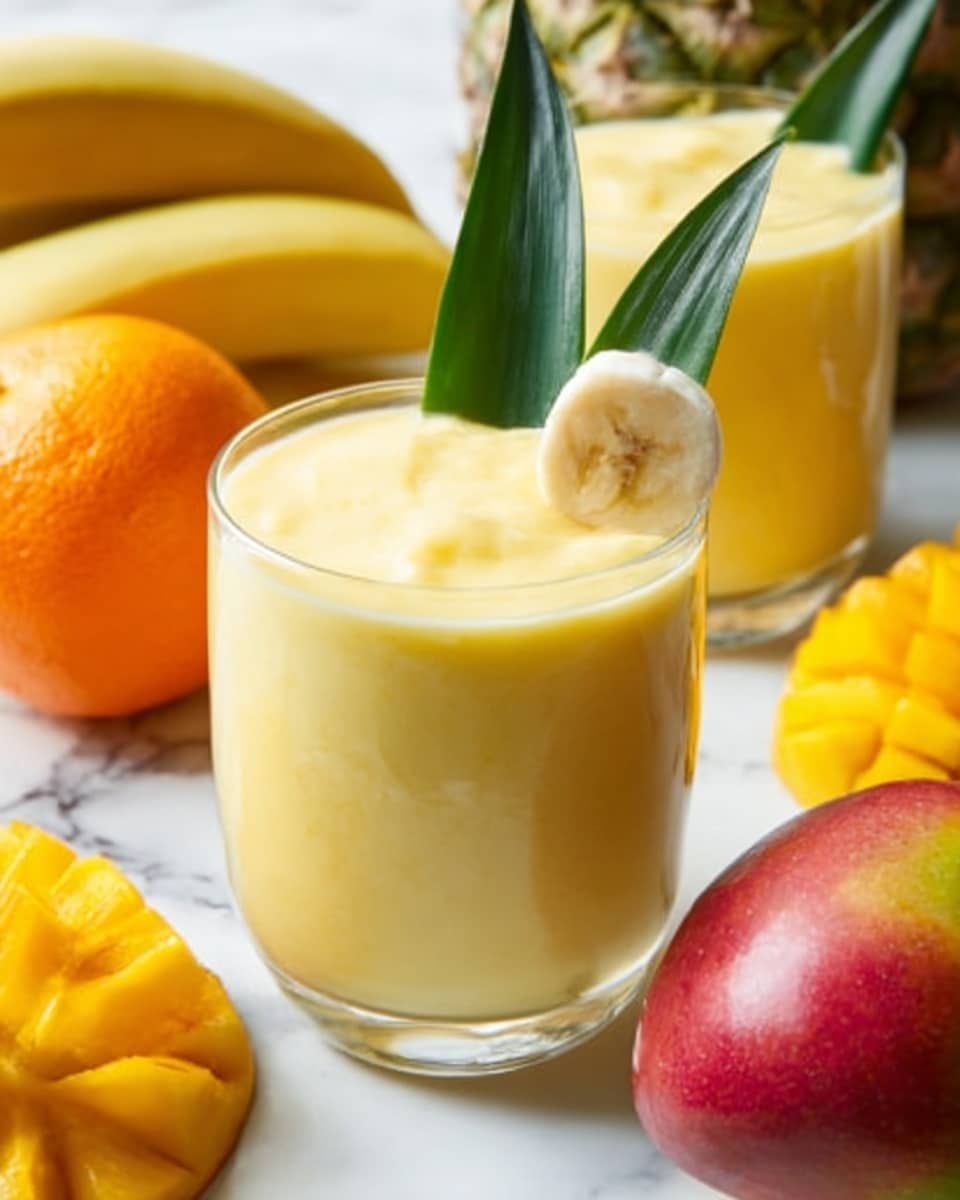 The image shows a clear, short glass filled with a smooth, creamy yellow smoothie. Two green pineapple leaves stick out from the top, adding a fresh touch. On the rim of the glass is a thin slice of banana, creamy white with a few small brown seeds. Behind the glass, there is another glass with the same smoothie, partly visible. The background is a bright white marbled surface with whole fruits placed around: a round orange on the left, a yellow banana, a ripe pineapple with its green textured skin and leaves, and a colorful mango with yellow, red, and green shades on the right. The lighting is bright and natural. photo taken with an iphone --ar 4:5 --v 7