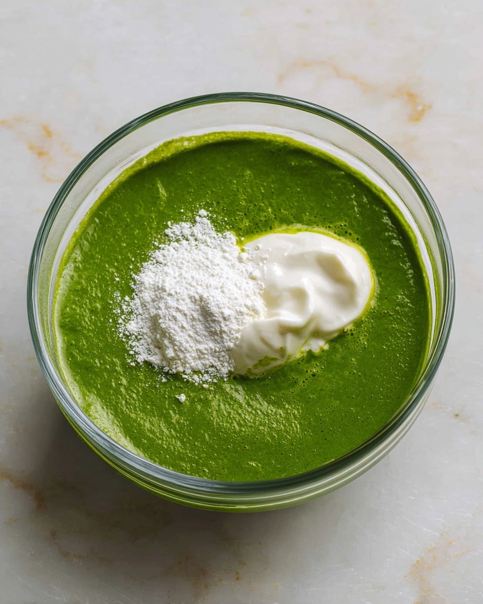 A clear glass bowl rests on a white marbled surface, filled with a thick, smooth, bright green mixture. On top of the green base, slightly to the center, there is a small mound of fine white powder next to a dollop of soft white cream, creating a contrast of textures. The bowl's round shape frames the vibrant ingredients clearly, showcasing the fresh and rich colors in the mixture. photo taken with an iphone --ar 4:5 --v 7