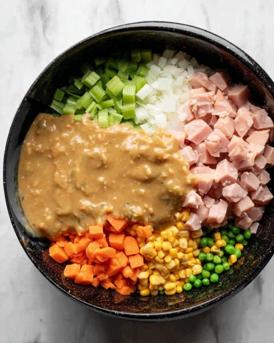 The image shows a close-up of a black bowl with five separated layers of ingredients inside. On the top left are small chopped green celery pieces. To the right of the celery, near the top center, are small chunks of raw pink chicken. Next to the chicken on the right side are small white onion pieces. Below and to the right of the onions, in the bottom right of the bowl, is a mix of small orange carrot cubes, yellow corn kernels, and green peas. The final layer, covering the bottom left side, is a thick beige sauce being poured into the bowl, partially covering the vegetables. The bowl is placed on a white marbled surface. Photo taken with an iphone --ar 4:5 --v 7