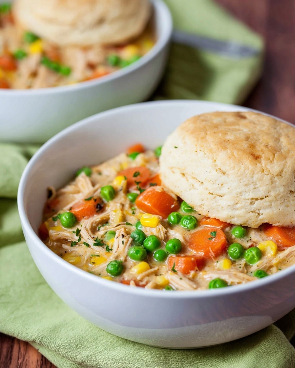 The image shows a white bowl filled with a colorful stew. The bottom layer is a creamy, pale sauce mixed with shredded light brown chicken pieces. On top, bright orange carrot slices and vibrant green peas are spread evenly with small yellow corn kernels scattered throughout. Resting on the stew is a round, soft white biscuit with a lightly browned top. The bowl sits on a soft green cloth over a wooden surface, with a blurry second bowl in the background on the same white marbled texture. photo taken with an iphone --ar 4:5 --v 7
