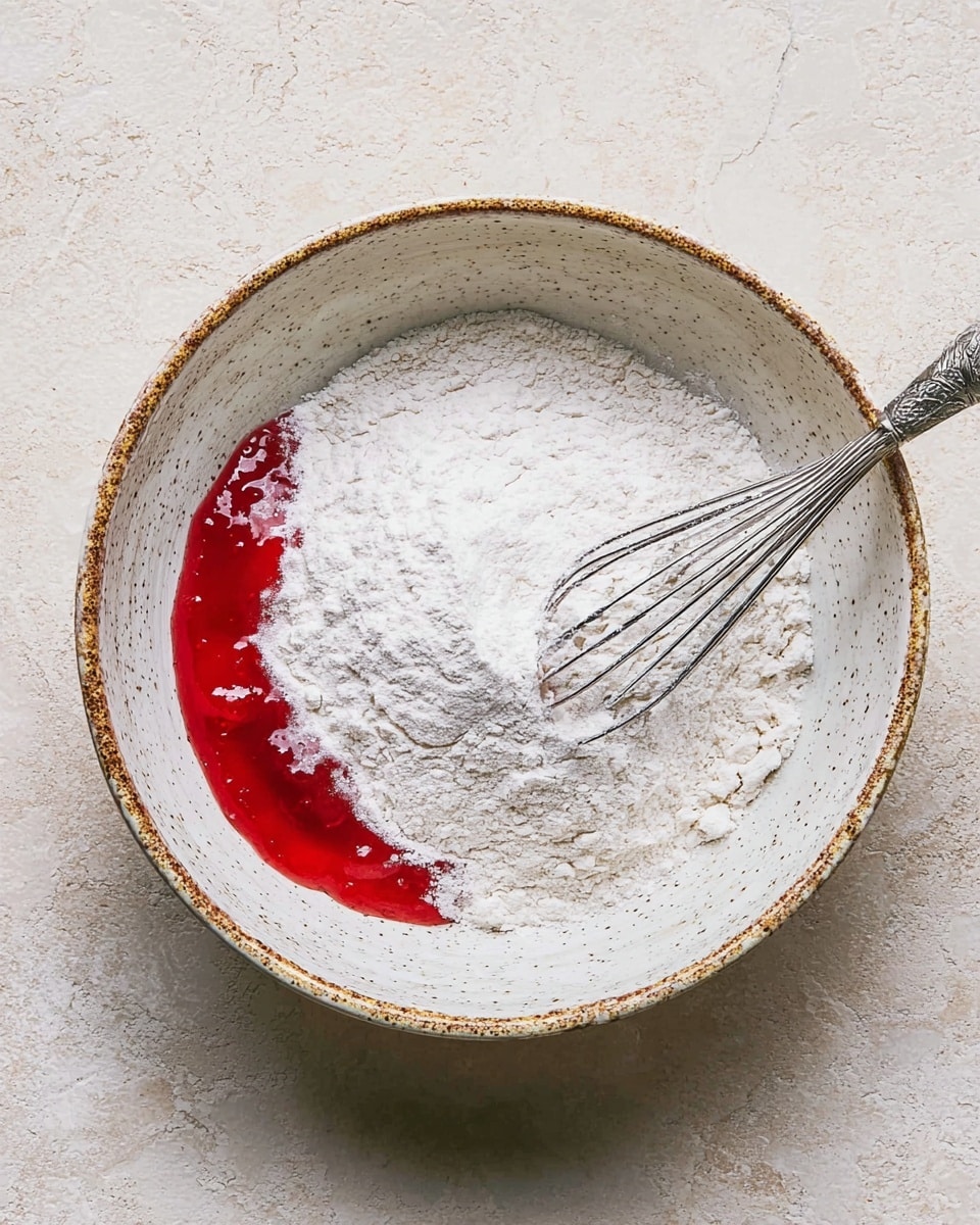 A white speckled mixing bowl sits on a white marbled surface, filled with a mound of white powder that looks soft and fluffy, covering more than half the bowl. To the left side inside the bowl is a bright red, thick liquid sauce or jelly, creating a smooth, glossy contrast against the powder. A metal whisk with thin wires rests on the right side of the bowl, slightly sunk into the powder. The bowl's rim is worn with a brownish line, adding a rustic touch. photo taken with an iphone --ar 4:5 --v 7