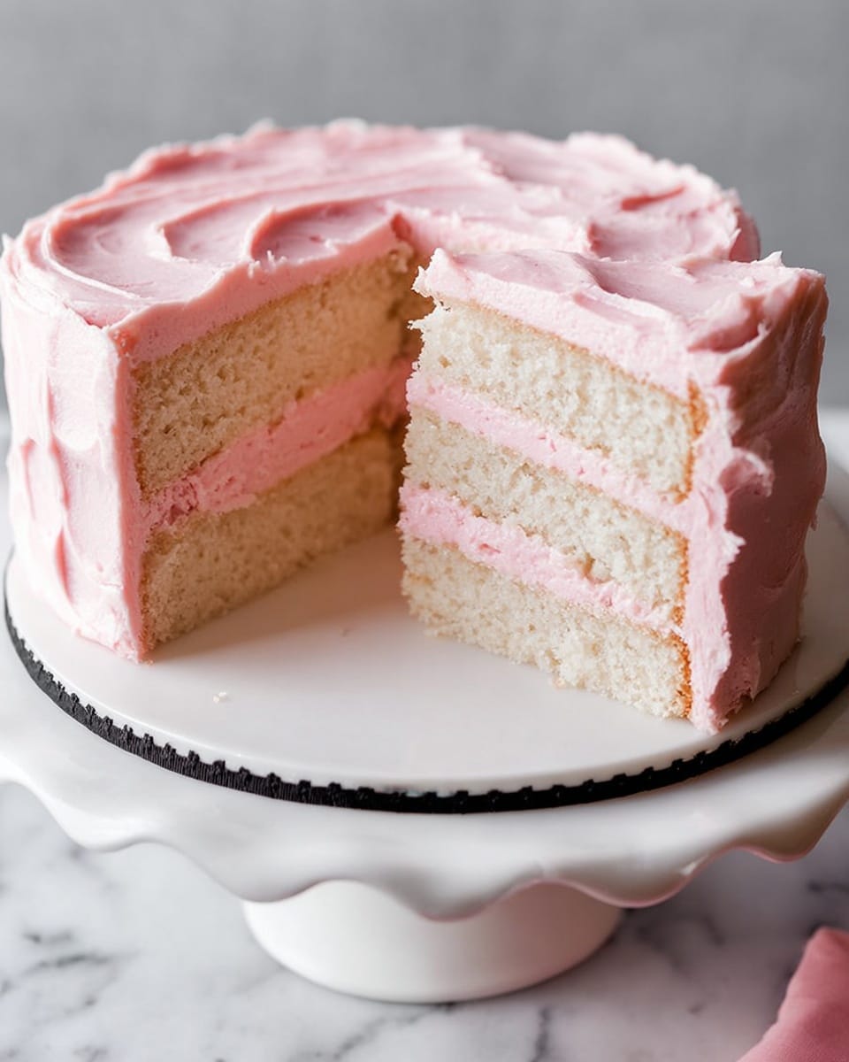 A slice of three-layer white cake with two layers of pink frosting in between and a thin layer of pink frosting covering the top and sides sits on a white plate, placed on a white marbled surface with a beige cloth nearby. The cake has a soft, fluffy texture, and the frosting is smooth and creamy, light pink in color. In the background, there is a white cake stand holding the rest of the cake with a slice taken out, showing the same pink and white layers inside. Photo taken with an iphone --ar 4:5 --v 7
