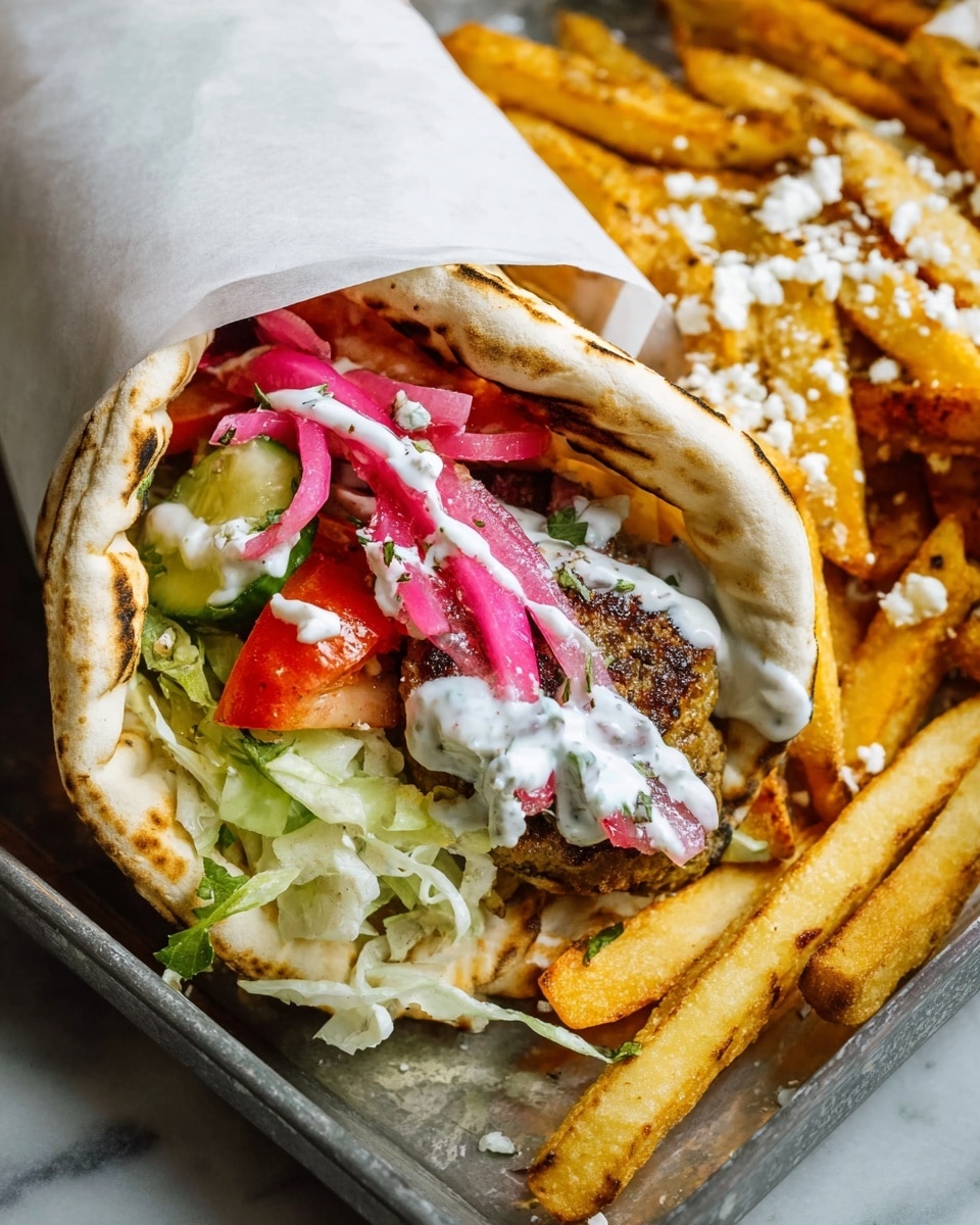 The image shows two pita wraps partly wrapped in white paper, each filled with grilled meatballs, fresh chopped tomatoes, cucumbers, shredded lettuce, and thin slices of bright pink pickled onions, all topped with a drizzle of white sauce. The wraps rest on a tray lined with parchment paper. Beside them, a pile of golden, crispy fries speckled with black pepper and sprinkled with small white cheese crumbles sits on the tray. A small white bowl filled with extra white sauce is visible at the edge of the tray. The whole scene is set on a white marbled textured surface. Photo taken with an iphone --ar 4:5 --v 7