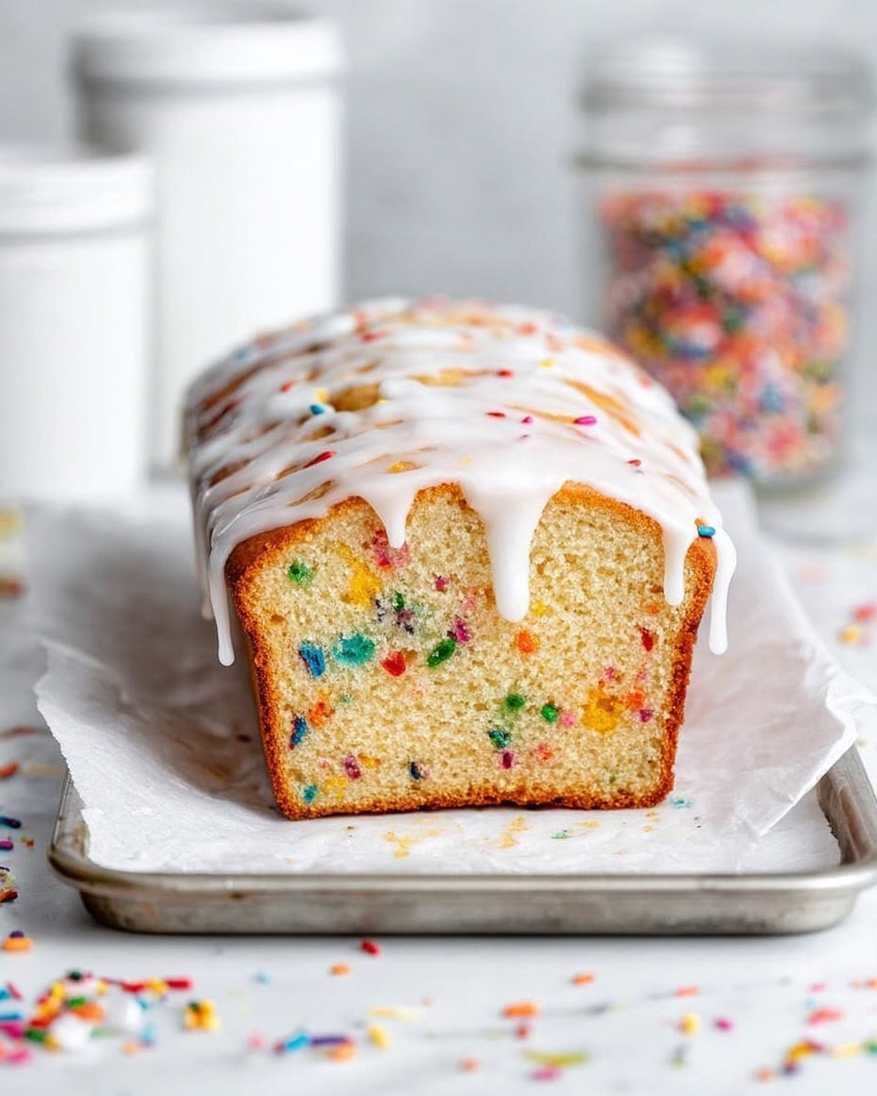 The image shows a close-up of a slice of colorful confetti cake on a white plate, placed on a white marbled surface. The cake slice has one visible layer featuring a soft yellow texture with bright red, blue, green, and orange sprinkles mixed inside. On top of the cake is a layer of smooth white icing that drips slightly over the side. A few scattered rainbow-colored sprinkles lie on the plate around the slice. The edges of the cake are lightly browned, and the cake looks moist and fluffy. Photo taken with an iphone --ar 4:5 --v 7
