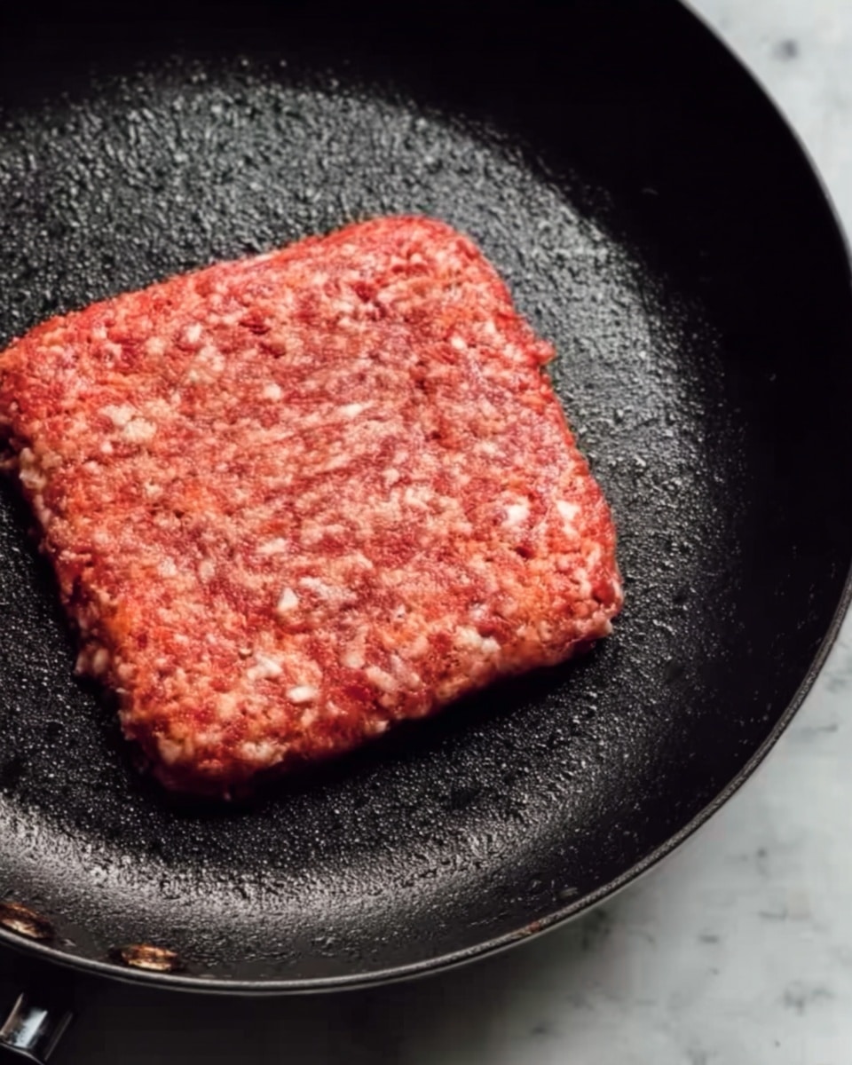 A close-up of a black frying pan holding a square-shaped raw ground meat patty with a red and orange texture mixed with small white bits, evenly pressed flat against the pan's bottom. The pan sits on a white marbled surface, and the light highlights the meat's uneven, slightly glossy texture with small sections showing different shades of raw meat. Photo taken with an iphone --ar 4:5 --v 7