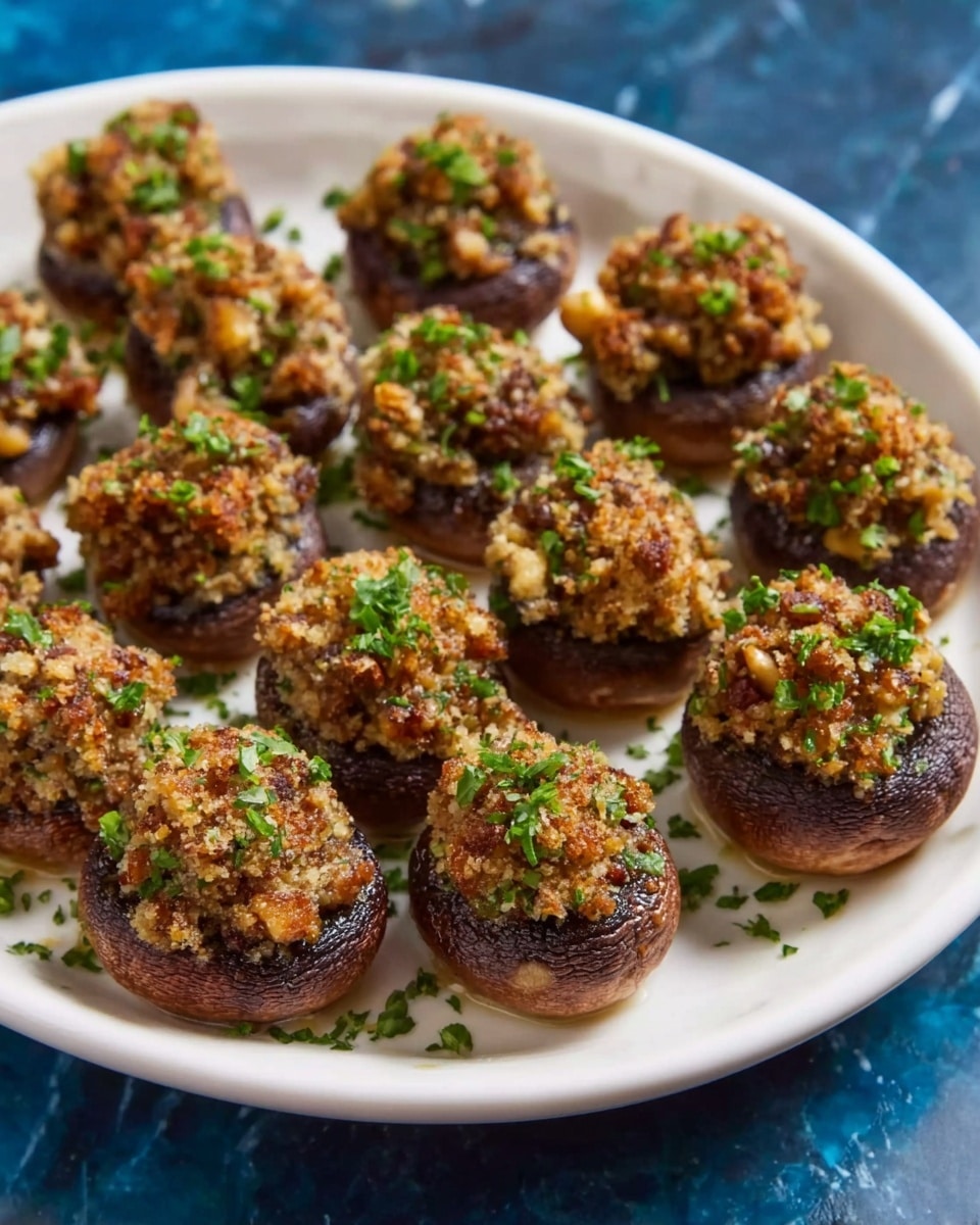 A white oval dish filled with two layers of stuffed mushrooms. The bottom layer consists of dark brown mushroom caps with a soft, slightly wrinkled texture and the top layer is a golden-brown crumbly filling made of finely chopped nuts, herbs, and possibly breadcrumbs, sprinkled with small green herb pieces on top. The dish is placed on a white marbled surface with scattered green herbs around. Photo taken with an iphone --ar 4:5 --v 7