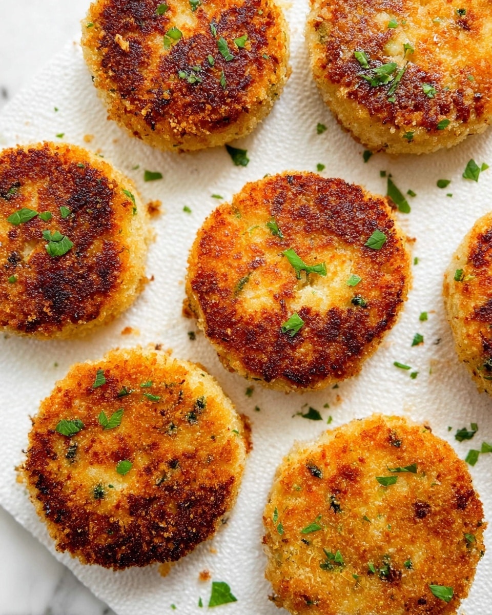 The image shows several round patties with a golden-brown, crispy texture on the outside. Each patty is evenly browned with a slightly coarse surface and is sprinkled with small pieces of green herbs. The patties are placed on a white paper towel that absorbs excess oil, which rests on a white marbled surface. The patties vary slightly in size but all have a similar thick, soft texture underneath their crunchy exterior. photo taken with an iphone --ar 4:5 --v 7