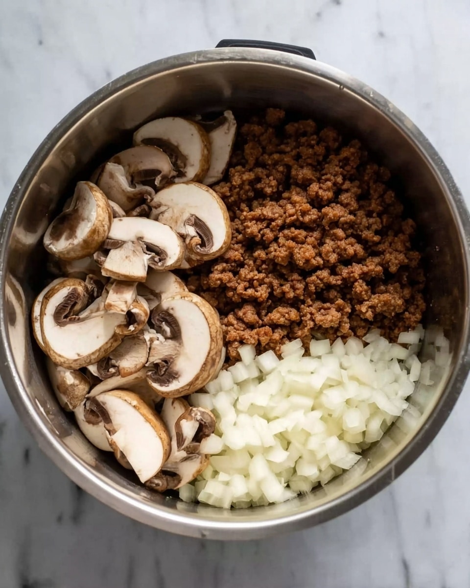 Inside a metallic cooking pot, there are three main layers of ingredients arranged side by side. On the left, there are several sliced brown mushrooms showing a soft texture and light brown color. Next to the mushrooms, in the middle, is a layer of cooked ground beef with a crumbly texture and rich brown shade. On the right side, there is a layer of finely chopped white onions with a crisp and fresh look. The pot is placed on a white marbled surface. photo taken with an iphone --ar 4:5 --v 7
