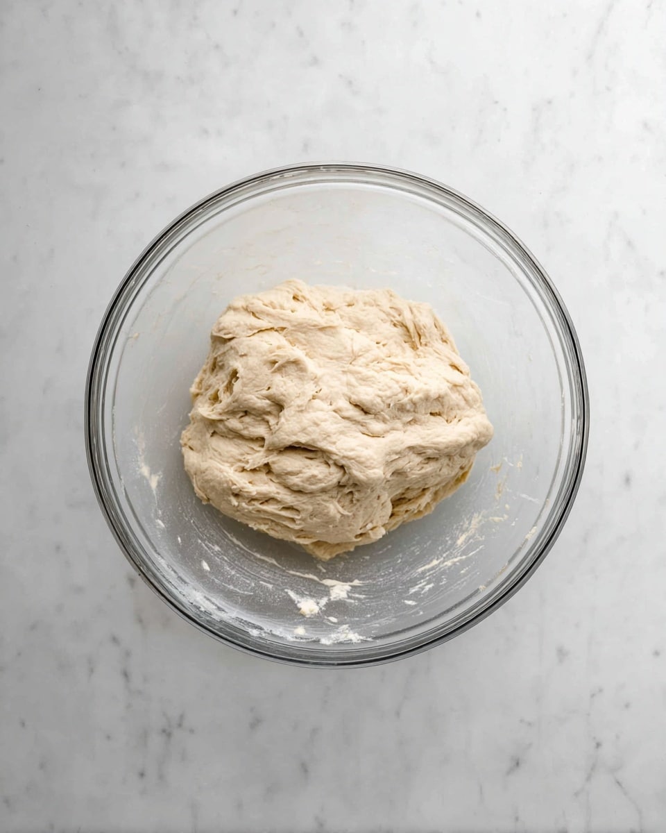 A clear glass bowl contains one layer of light beige dough with a sticky and slightly rough texture, gathered in the center and touching the sides of the bowl unevenly. The dough has soft folds and some small air bubbles visible on its surface. The bowl is placed on a white marbled surface which adds a clean and simple look to the scene. photo taken with an iphone --ar 4:5 --v 7