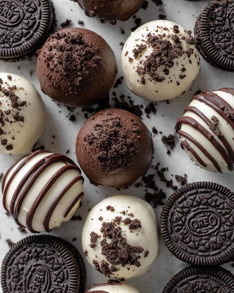 The image shows a close-up of several round treats and Oreo cookies arranged closely on a white marbled surface. There are three main types of round treats: smooth dark brown chocolate balls with small crumb sprinkles; smooth white chocolate balls with dark crumb sprinkles; and white chocolate balls drizzled with thin dark chocolate lines and topped with dark crumb sprinkles. The Oreo cookies have a dark textured surface with the