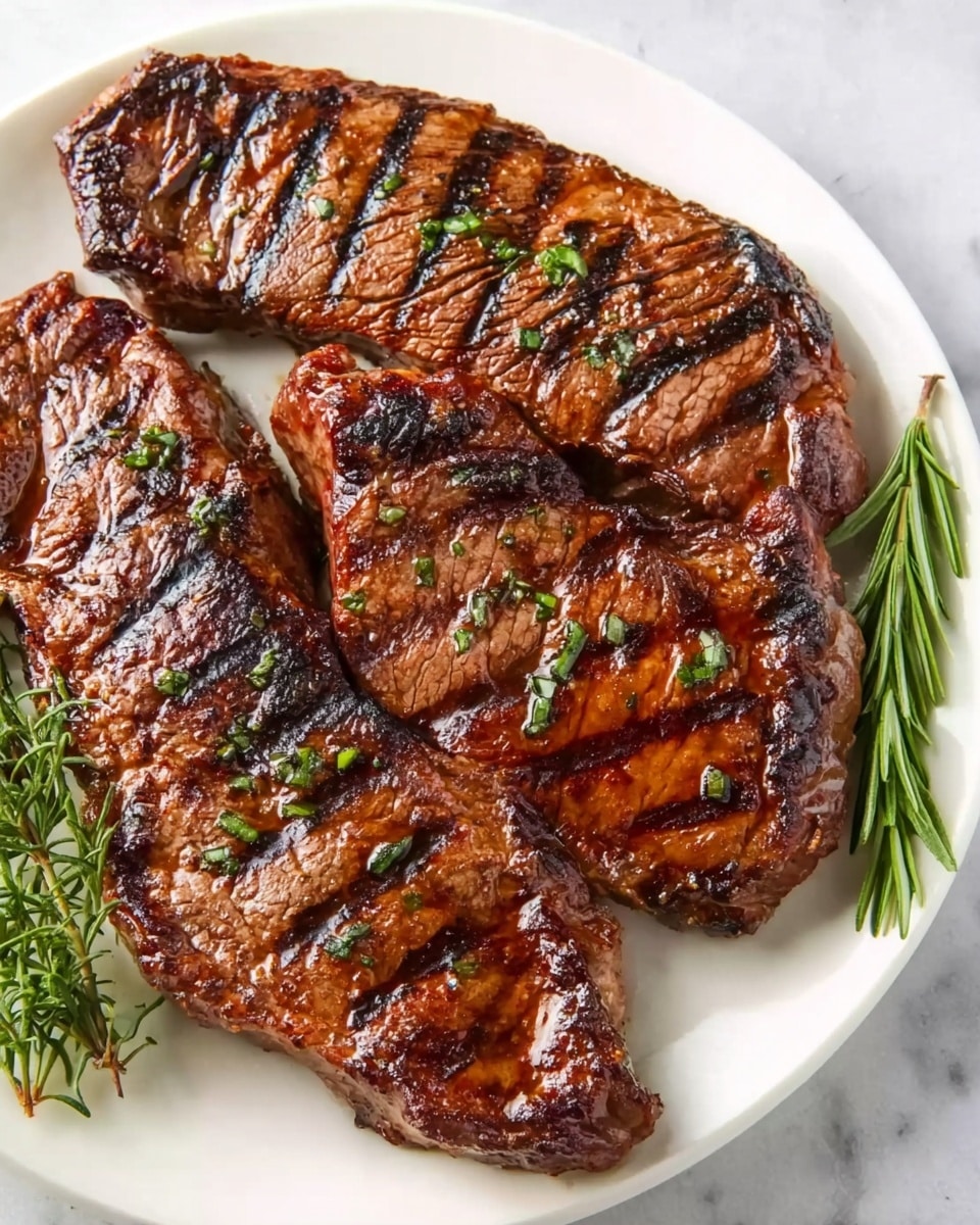 The image shows three grilled steak pieces with dark grill marks on a white plate, resting on a white marbled surface. Each steak has a rich, shiny brown color with some charred edges and is sprinkled with small green herbs. To the side of the steaks, there is a small bunch of fresh green rosemary. The scene looks fresh and appetizing, showing the texture of the grilled meat clearly. photo taken with an iphone --ar 4:5 --v 7