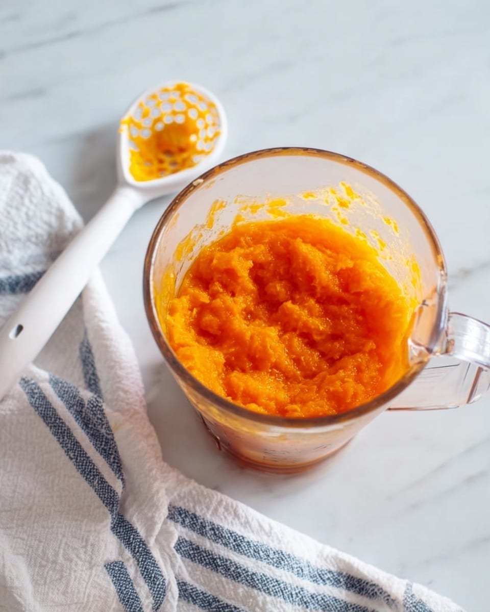 A glass blender cup filled with bright orange mashed mixture with a chunky texture, sitting on a white marbled surface. Next to it is a white plastic masher with orange residue on the mashing part, placed to the left of the blender cup. To the right of the blender is a white cloth with blue and gray stripes. The scene is well lit and looks clean and fresh photo taken with an iphone --ar 4:5 --v 7