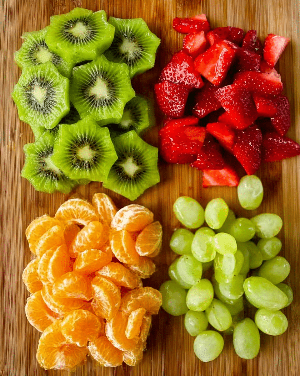 The image shows four groups of sliced fruits arranged neatly on a wooden board. The top left group is made of bright green kiwi slices with a detailed texture and small black seeds, each slice clearly showing a layered star-like pattern. The top right group consists of red strawberry pieces, each cut to show the juicy interior and glossy surface with small seeds on the outer side. Below the kiwis, on the bottom left, is a pile of orange segments with a shiny, wet texture reflecting light. The bottom right group features light green grapes with smooth, round surfaces and some visible highlights. The wooden board's texture is warm with visible slices of wood grain. The photo was taken with an iphone --ar 4:5 --v 7