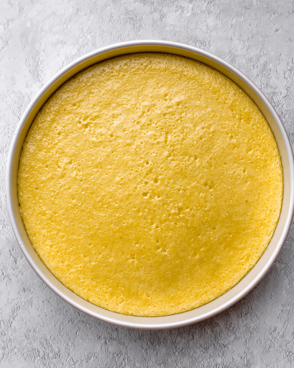 The image shows a single round layer of golden yellow cake batter spread evenly in a round white pan. The surface of the batter is smooth with some small bubbles and a slightly textured appearance, suggesting it is ready to be baked. The background is a white marbled texture that contrasts softly with the warm tone of the cake batter. photo taken with an iphone --ar 4:5 --v 7
