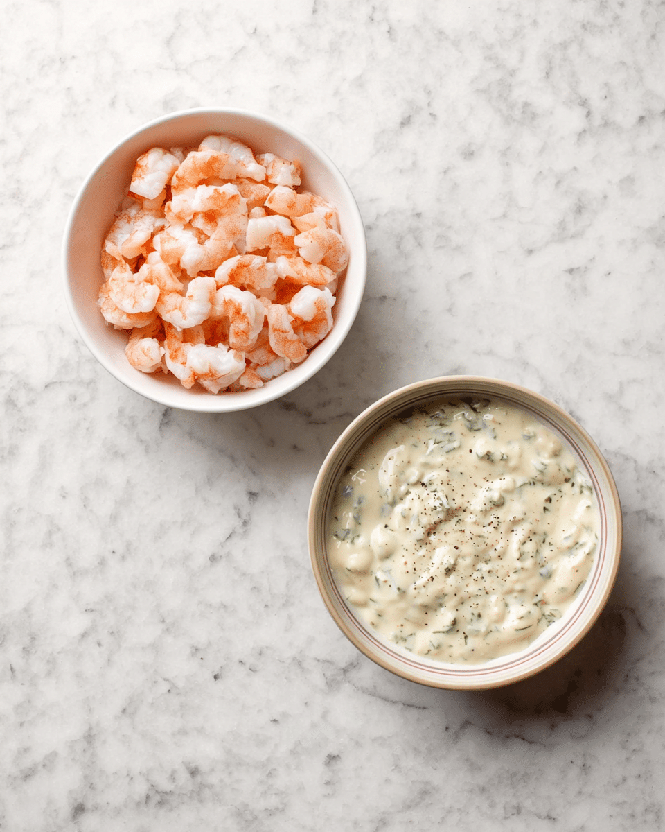 The image shows two white bowls on a white marbled surface. The left bowl is filled with small pieces of pink and white shrimp, layered unevenly but closely packed. The right bowl contains a creamy white sauce with small green herb bits mixed in, with a smooth and slightly swirled texture. The sauce has some black pepper sprinkled on top. photo taken with an iphone --ar 4:5 --v 7
