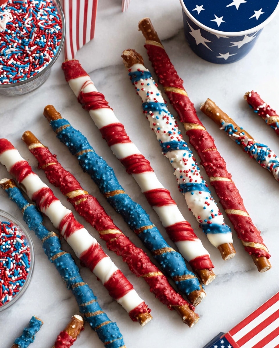 Several thin pretzel sticks stand in a clear glass, each covered with different layers of red, white, and blue chocolate coatings. Some have a solid base of red or blue, with white lines drizzled over, while others have a white base with colorful red, blue, and white sprinkles or red and blue drizzle. Around the glass, more pretzels lie flat, decorated in the same colors and patterns. In the background, there are three jars colored with red, white, and blue stripes and stars. The scene is set on a white marbled surface. photo taken with an iphone --ar 4:5 --v 7