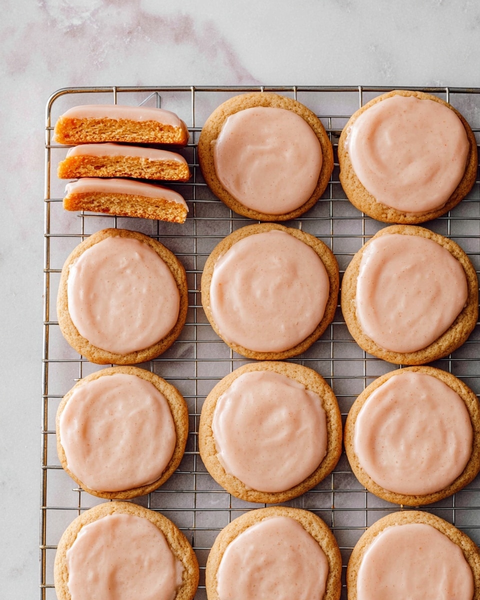 There are twelve round cookies with a light brown base and a smooth, light pinkish-brown icing covering the top of each cookie. The cookies are arranged in a grid pattern on a silver metal cooling rack. One cookie on the top left corner is cut in half and stacked, showing an orange-brown layer inside the cookie beneath the light pinkish-brown icing. The background consists of a white marbled surface. The photo taken with an iphone --ar 4:5 --v 7
