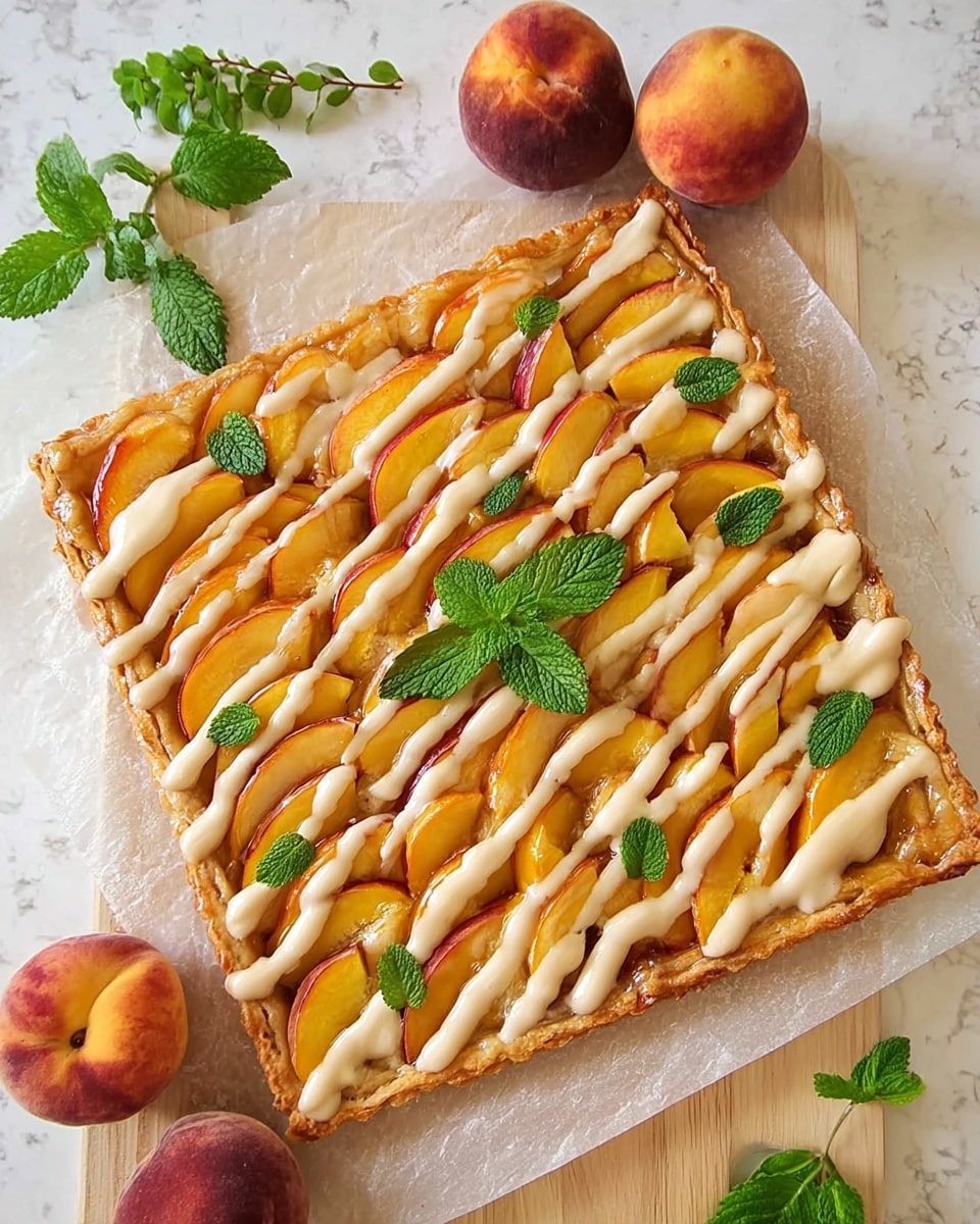 A square peach tart on white parchment paper is shown, with thin, curved slices of golden peach arranged in neat diagonal rows covering the entire surface. The tart is drizzled with a thick, creamy light beige sauce in wide diagonal stripes crossing the peach slices. Fresh green mint leaves are scattered in the center for decoration. The tart sits on a light wooden surface with three whole fuzzy peaches and green leaves placed around it. The background is changed to a white marbled texture. photo taken with an iphone --ar 4:5 --v 7