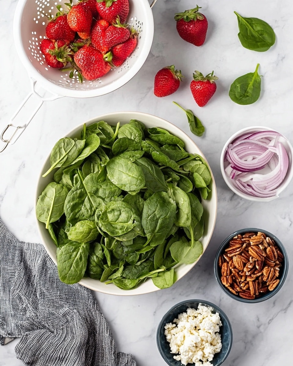 The image shows a fresh spinach salad set on a white marbled surface. In the center, there is a large white bowl filled with fresh, dark green spinach leaves that look crisp and whole. Above it to the left, a white colander holds bright red strawberries with green tops, some spilling onto the surface below. To the right of the spinach bowl, a small white bowl has thin slices of light purple onion, while another small white bowl contains rich brown pecans with a few scattered around. At the top right, a small dark blue bowl holds crumbled white cheese. There is a gray and white striped cloth near the bottom left corner. Photo taken with an iphone --ar 4:5 --v 7