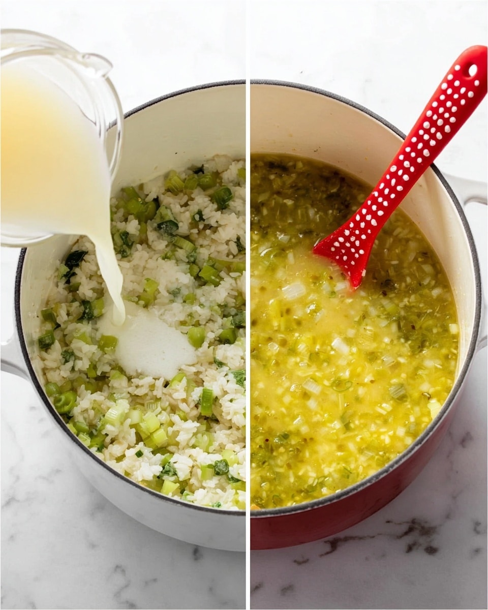 The image shows a white pot with two different stages of cooking inside it, placed on a white marbled surface. In the left part of the image, a liquid is being poured from a clear container into the pot containing a mix of white rice, small green vegetable pieces, and chopped onions, stirred with a red spatula with white dots. The ingredients have a slightly dry, chunky texture. In the right part of the image, another white liquid is being poured into the pot, which now has a more liquid, soup-like yellow-green mixture with visible small green and white vegetable chunks, creating a thicker and softer texture. photo taken with an iphone --ar 4:5 --v 7