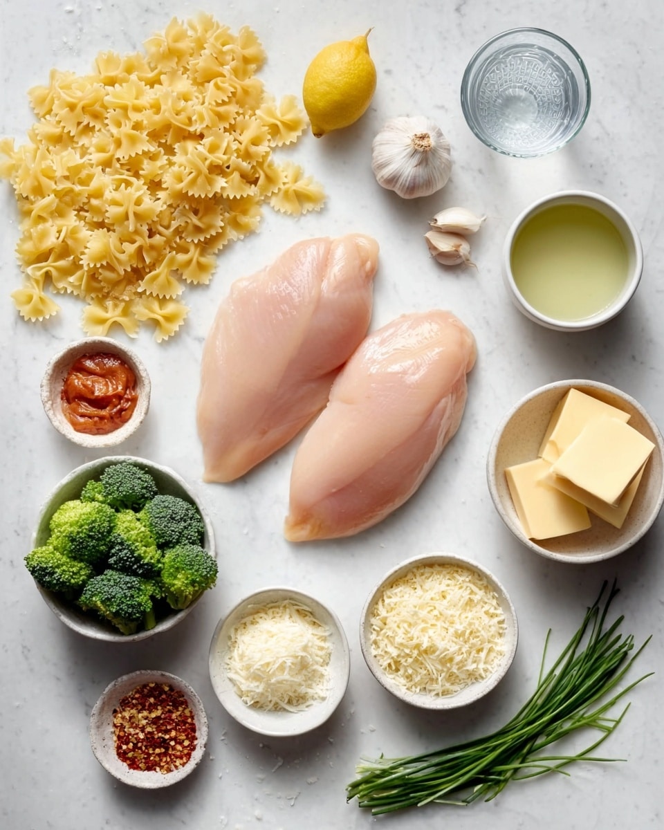 The image shows two raw chicken breasts placed in the middle on a white marbled surface. Several ingredients are neatly arranged around them: in the top right is a white bowl with light greenish sauce, next to a small glass of water and garlic cloves. To the left, there is a heap of uncooked farfalle pasta and two small bowls, one with a reddish sauce and the other with white cream. Below the chicken are small bunches of fresh green herbs and a halved lemon. Two white bowls at the bottom contain broccoli florets and grated cheese, and there is a stack of butter cubes alongside a few chives and red pepper flakes nearby. Photo taken with an iphone --ar 4:5 --v 7