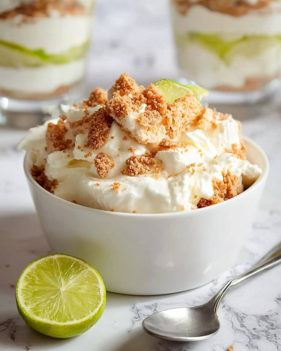 A white bowl filled with a dessert made of three layers: the bottom layer is soft white whipped cream, the middle layer has light beige soft cake pieces, and the top layer is covered with small brown crunchy crumbs scattered over the cream and cake pieces. In front of the bowl, there is a lime cut in half showing its green inside and next to it a silver spoon. The background is a white marbled texture and there is a blurred glass with layered dessert and lime slice in the far back. Photo taken with an iphone --ar 4:5 --v 7