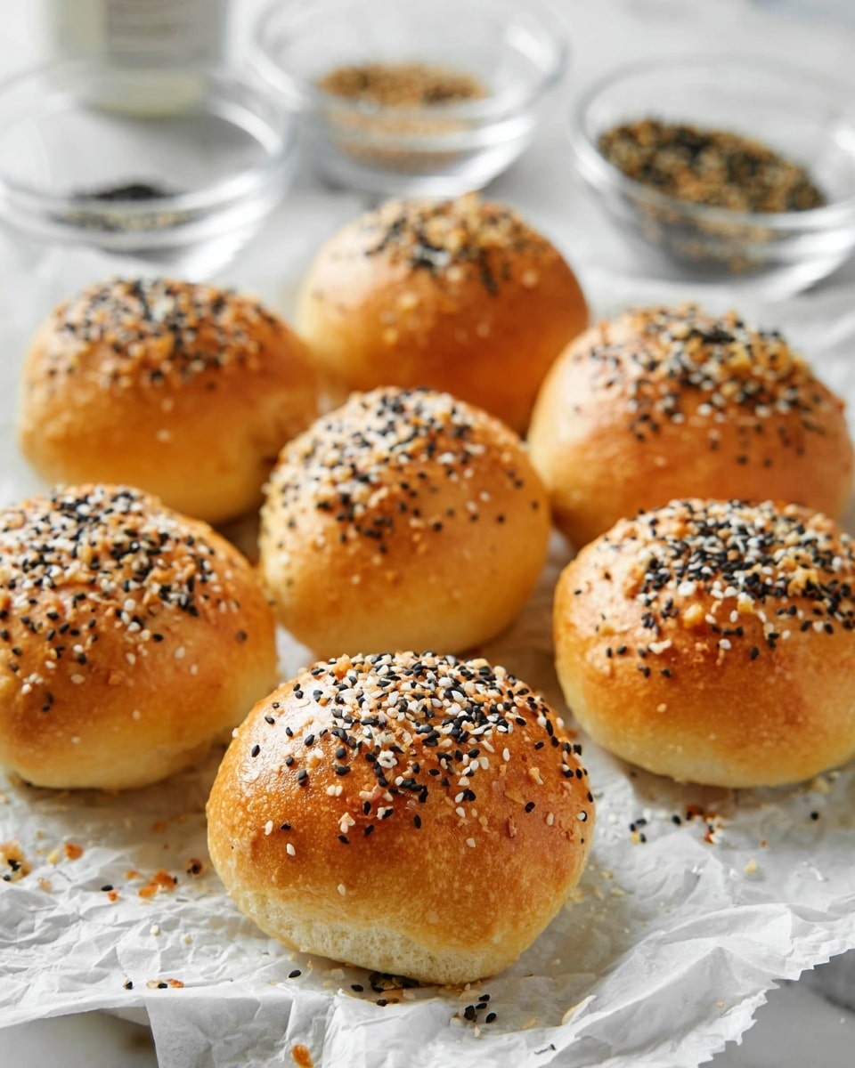 Nine round golden brown bread rolls are arranged closely on crumpled white parchment paper placed on a white marbled surface. Each roll is topped with a generous layer of mixed seeds and coarse salt, including sesame seeds, black sesame seeds, and bits of dried garlic or onion, giving a crunchy texture and a speckled pattern. The rolls have a smooth, slightly shiny crust, and the lighting highlights their soft, fluffy texture underneath. In the slightly blurred background, there are two clear glass bowls, one containing more of the mixed seed topping, adding to the natural feel of the scene. Photo taken with an iphone --ar 4:5 --v 7