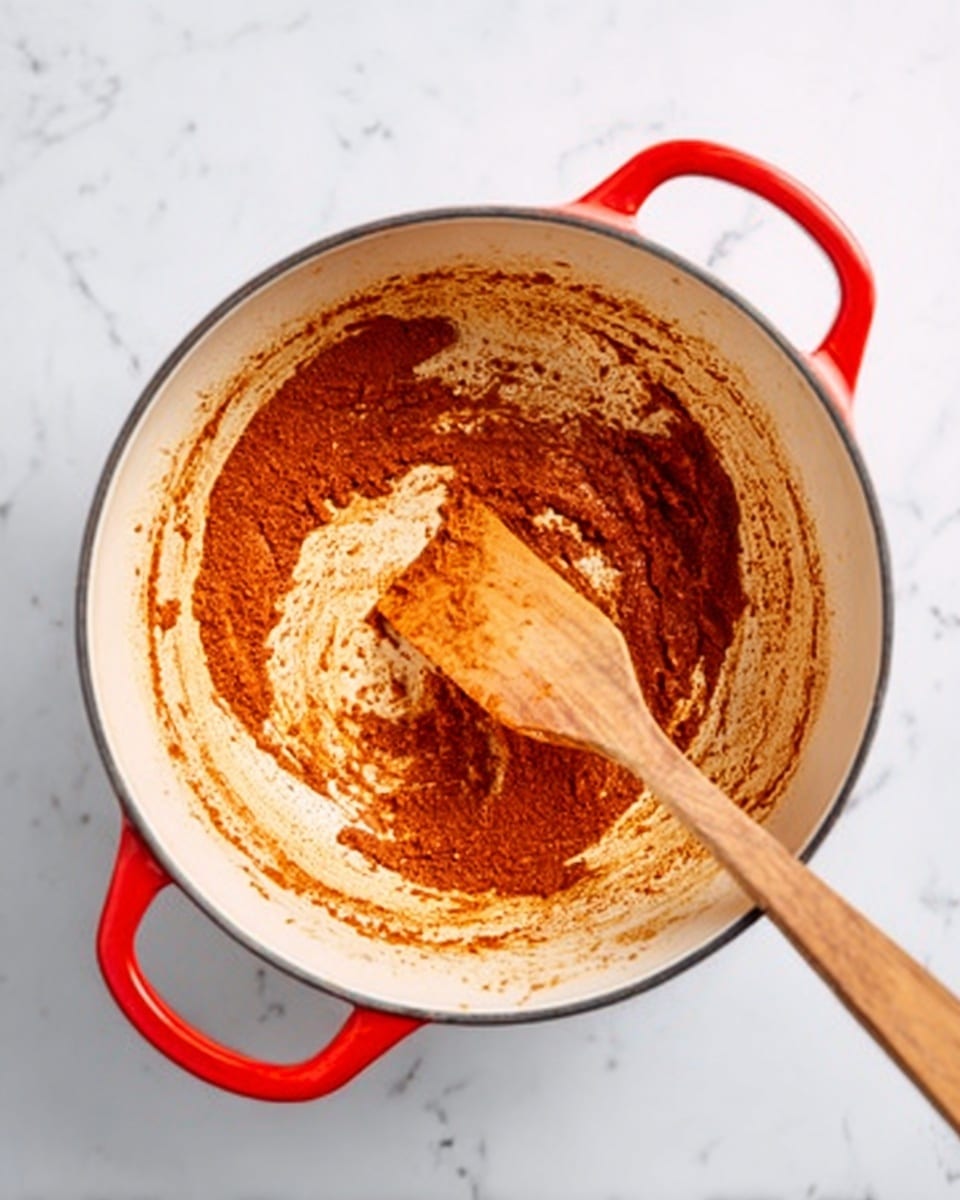 The image shows a round white cooking pot with red handles on a white marbled surface. Inside the pot, there is a thick reddish-brown paste spread unevenly across the bottom, with some areas darker and more concentrated. A wooden spatula rests inside the pot, its flat edge partially covered by the paste. The overall look is of a cooking step with the paste being stirred or spread. Photo taken with an iphone --ar 4:5 --v 7