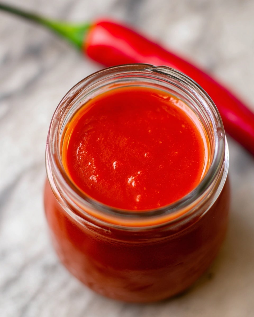 A clear glass jar filled with smooth, bright orange-red sauce sits on a warm wooden surface. A wooden spoon dips into the jar, full of thick, creamy sauce that drips slightly back into the jar. In the background, blurred shapes show another small white ramekin with similar sauce and some red chili peppers. The scene is bright and warm, with a focus on the rich color and thick texture of the sauce. photo taken with an iphone --ar 4:5 --v 7