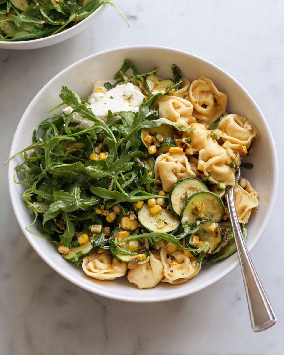 A white bowl filled with a mix of light golden tortellini pasta pieces as the base layer, topped with fresh dark green arugula leaves spread evenly over the pasta. Small toasted zucchini slices and bits of yellow corn kernels are mixed throughout, adding texture and color contrast. A portion of soft white cheese is placed on one side of the bowl. A silver fork is seen resting inside the bowl, all placed on a white marbled surface. photo taken with an iphone --ar 4:5 --v 7