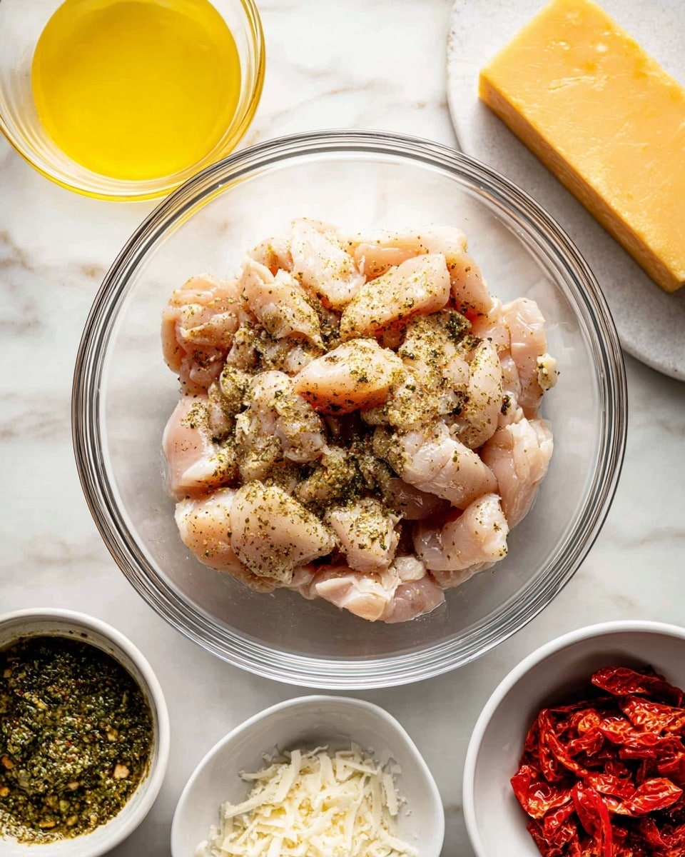 A clear glass bowl sits in the center on a white marbled surface, filled with raw chicken pieces seasoned with green and black spices. Surrounding the bowl are four smaller white bowls: one with finely grated white cheese and a firm yellow block of cheese, one with bright yellow liquid, one with coarse green pesto, and one with bright red dried tomato pieces. Photo taken with an iphone --ar 4:5 --v 7