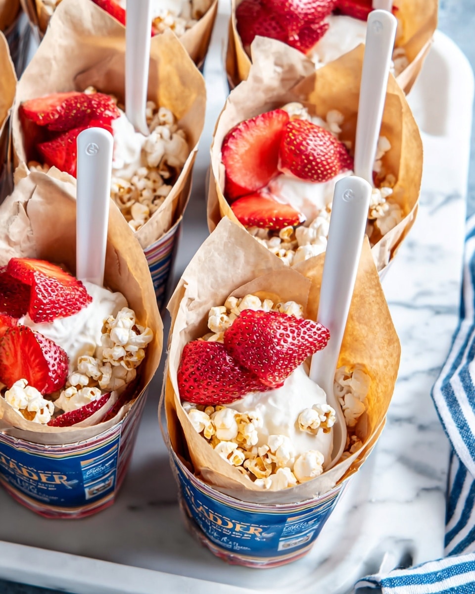 The image shows a small serving of dessert in a white bowl wrapped with newspaper print. The dessert has three layers: the bottom layer has small red strawberry pieces, the middle layer is white whipped cream topped with small brown nut pieces, and the top layer has half of a bright red strawberry placed on the whipped cream. A white plastic spoon is sticking out from the side of the bowl. The bowls are placed close together on a white marbled surface. Photo taken with an iphone --ar 4:5 --v 7