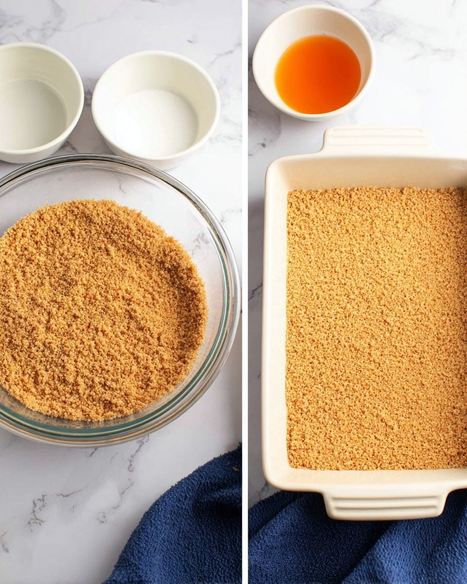 The image shows two parts of a recipe on a white marbled surface. On the left, there is a clear glass bowl filled with a single layer of finely ground, light brown crumb mixture with a slightly rough texture. Behind it are two small white bowls; one appears empty and the other holds a small amount of orange liquid. On the right, a white rectangular baking dish has a smooth, even layer of the same light brown crumb mixture spread flat at the bottom, showing a consistent texture. A navy blue cloth is partially visible at the lower edges of both scenes. photo taken with an iphone --ar 4:5 --v 7