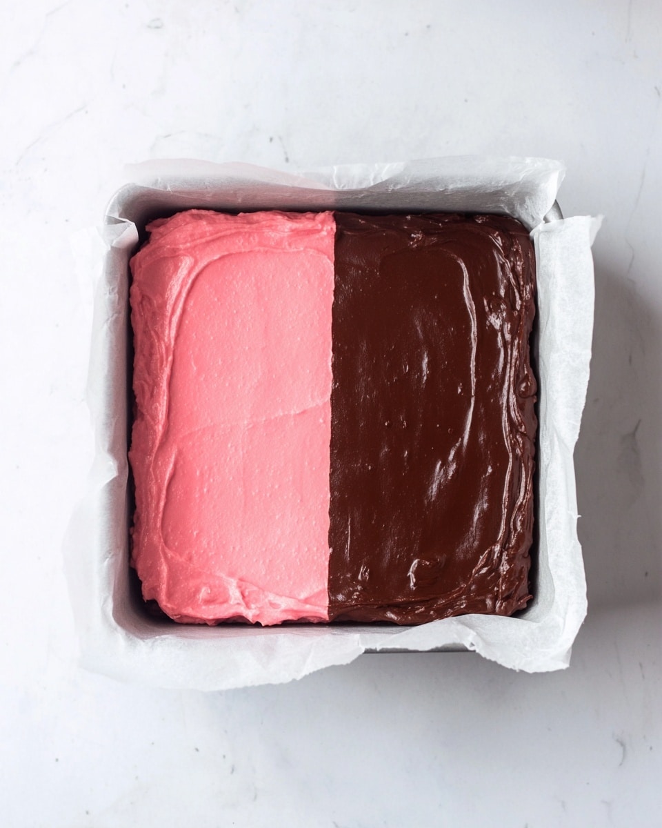 A square baking pan lined with white parchment paper holds a two-layer dessert. The bottom layer is smooth and bright pink with a creamy texture, evenly spread to fill the pan. The top layer is a glossy, dark brown chocolate spread smoothly over the pink base, creating a sharp contrast between the bright pink and deep brown layers. The pan is placed on a white marbled surface. photo taken with an iphone --ar 4:5 --v 7