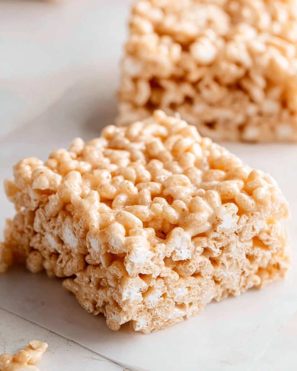 The image shows a close-up of a square rice crisp treat placed on a white marbled surface. This treat has one visible layer made up of puffed rice cereal mixed with melted marshmallow, giving it a light tan color with a glossy texture from the marshmallow. The puffed rice is packed tightly, creating a slightly uneven but firm surface with some marshmallow strands visible between the cereal pieces. In the background, there is a blurred second rice crisp treat that appears similar in color and texture. The overall look is soft and sticky yet holds its shape well. photo taken with an iphone --ar 4:5 --v 7