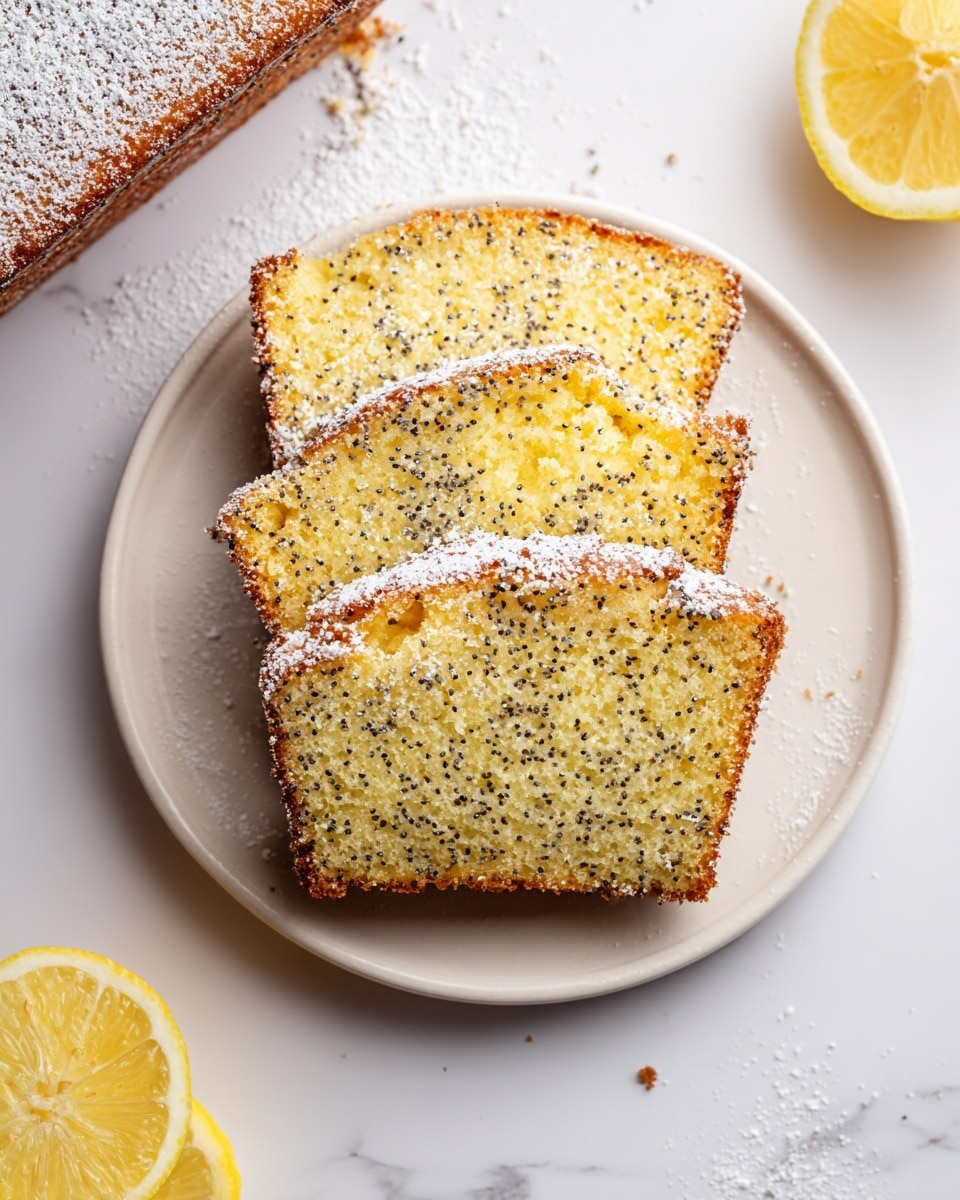 Three slices of light yellow lemon poppy seed cake with small black poppy seeds evenly spread inside each slice are stacked on a simple white plate. The cake edges are golden brown with a light dusting of powdered sugar. The background is a white marbled surface with scattered powdered sugar. Two lemon slices sit at the bottom left corner and a half lemon is at the top right. Part of the remaining cake loaf with powdered sugar on top is visible in the top left corner. photo taken with an iphone --ar 4:5 --v 7